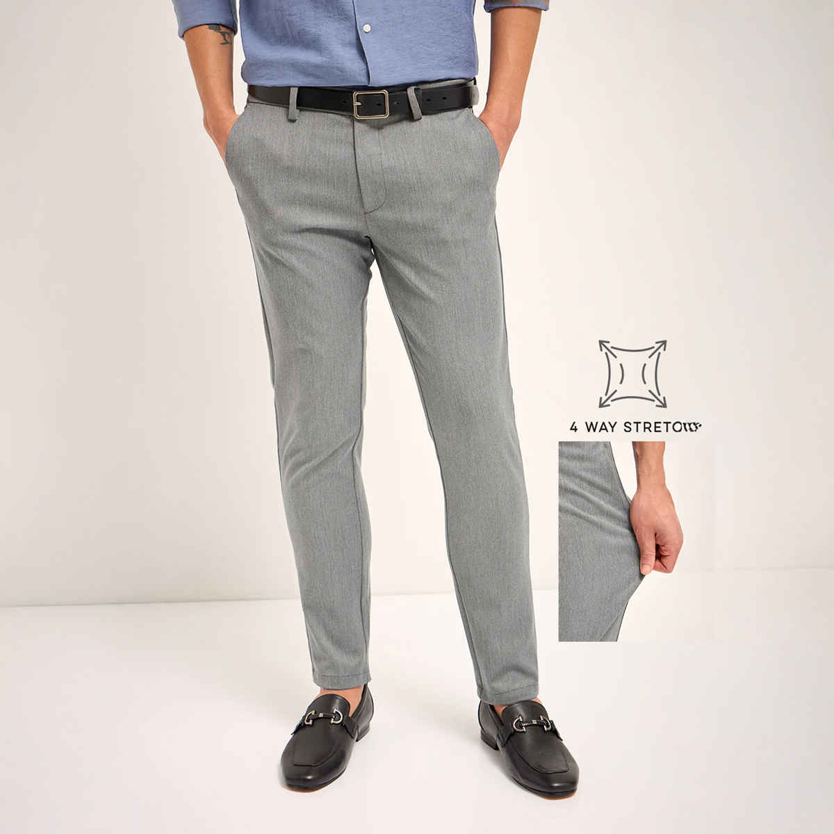 The Bear House Men 4 Way Stretch Solid Formal Trouser - Pagar | Grey | 38