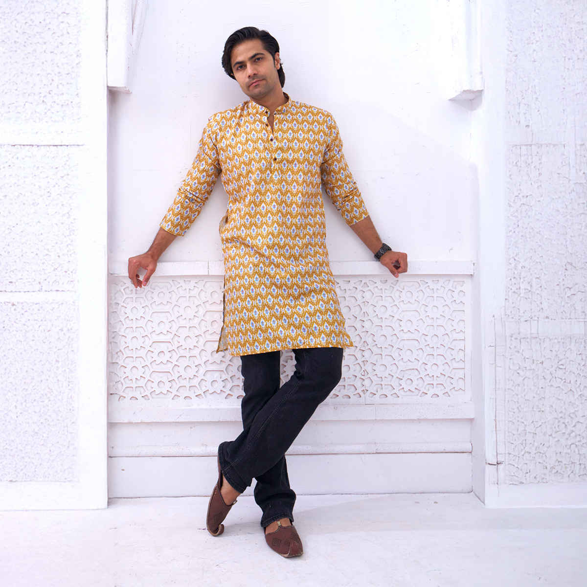 House Of Festivals Men's Printed Cotton Blend Long Kurta | Yellow - XL