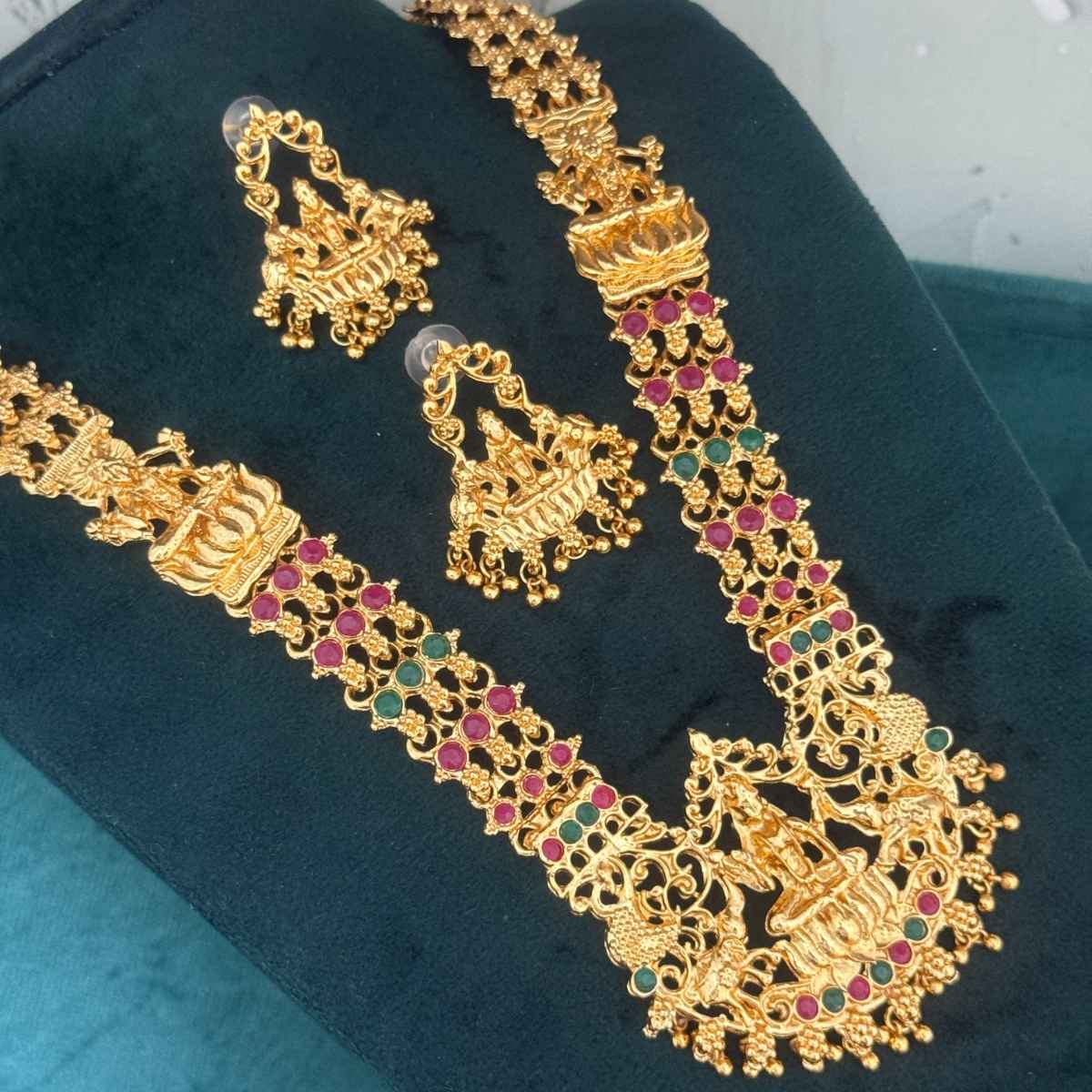 The Opal Factory Premium Temple Jewelry Long Haram Necklace Set | Laxmi | Gold Multi - Necklace