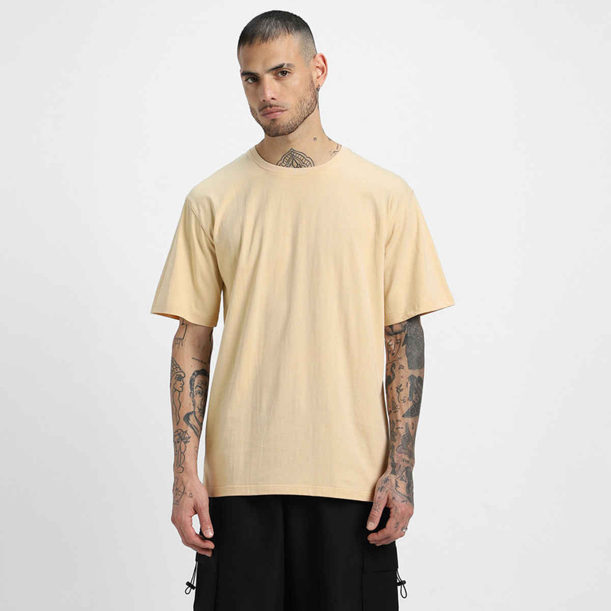 Veirdo Pure Cotton Oversized Fit Round Neck Swanwhite T-Shirt For Men - L