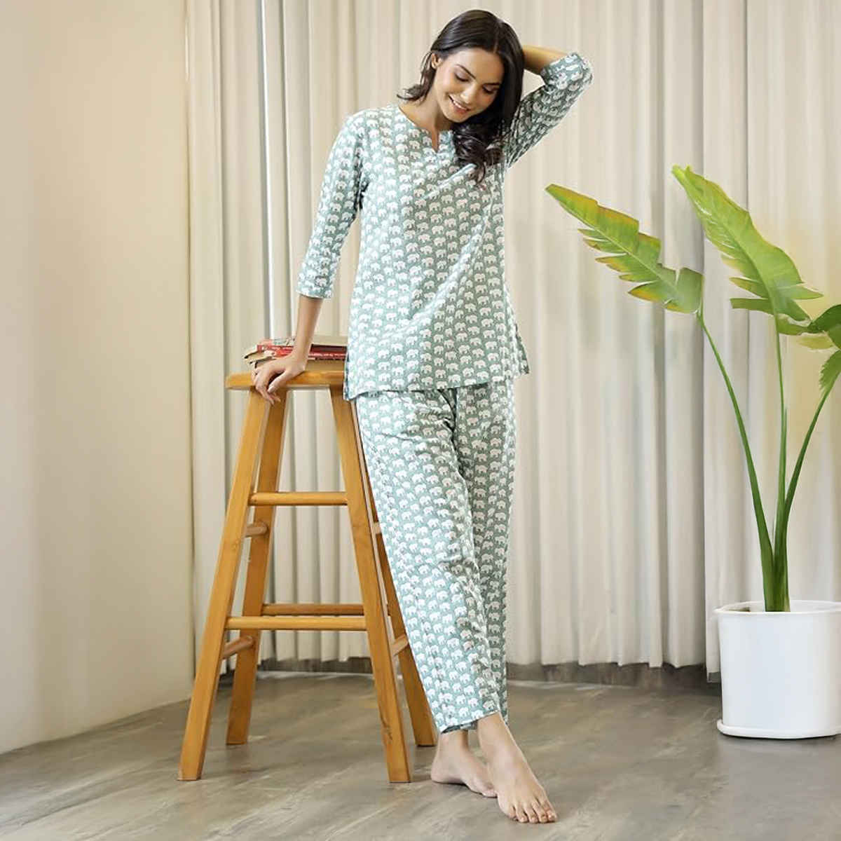 Sanskrutihomes Women's Printed Pure Cotton Night Suit | Green - M