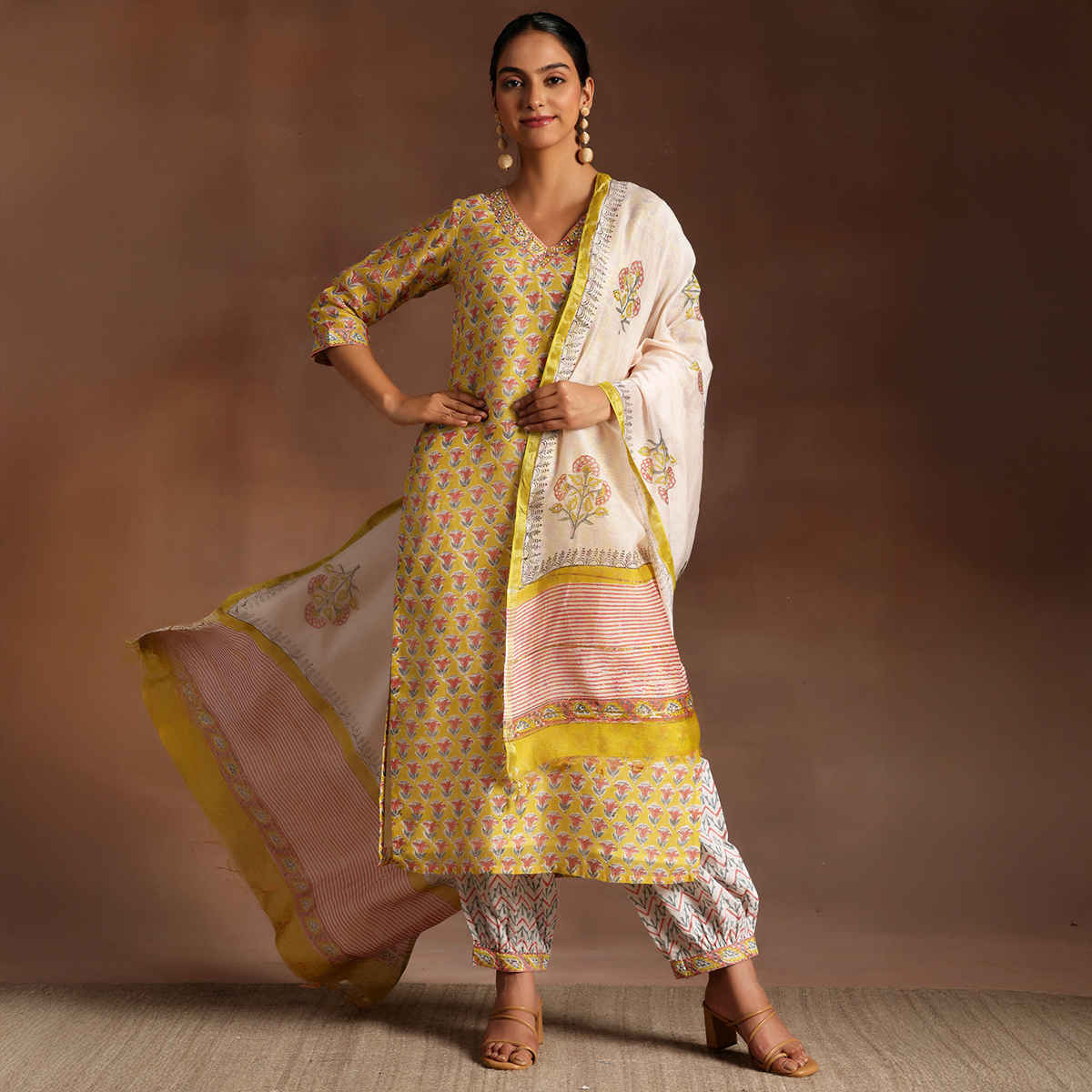 Libas Yellow Printed Cotton Straight Suit With Dupatta | 35922H - Yellow | M