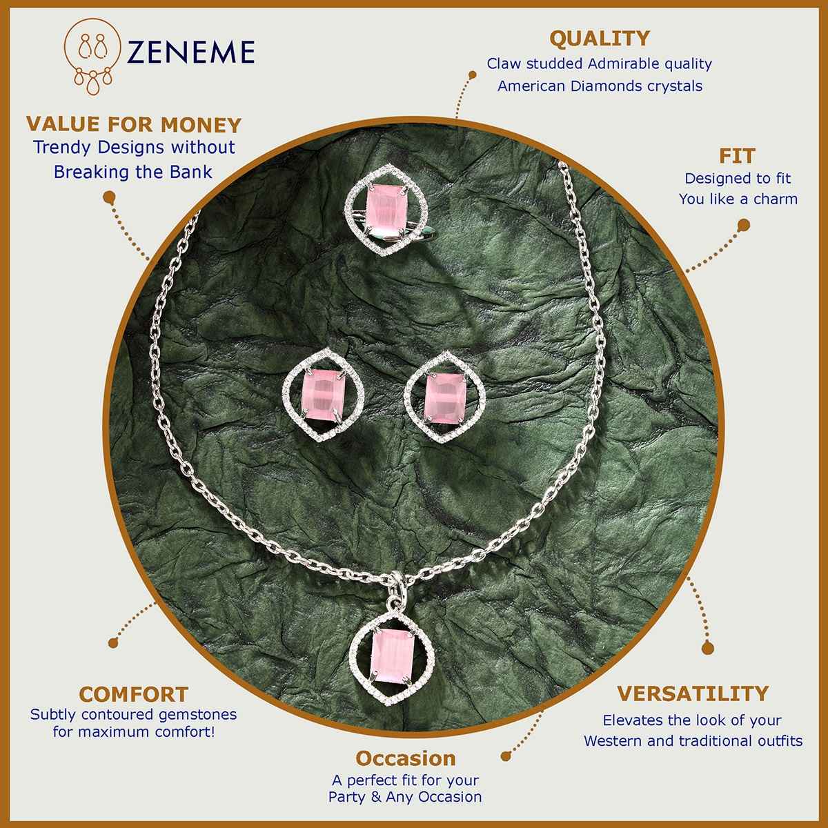 Zeneme Silver-Plated AD Stone-Studded Marquise Halo Pink Necklace and Earrings Ring Women & Girls