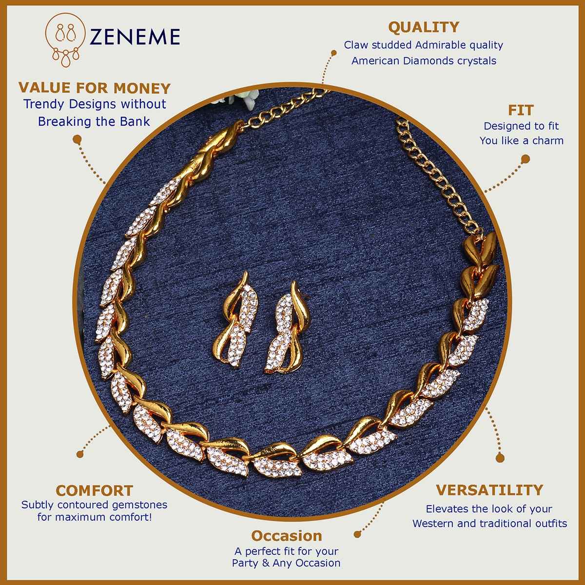Zeneme Gold Plated Cubic Zirconia Necklace Set Jewellery With Earrings Jewellery For Women & Girls