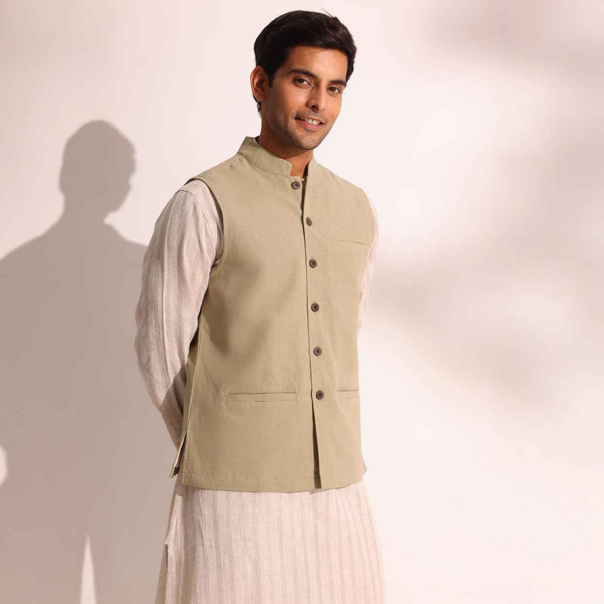 Fabindia Men's Nehru Jacket Cotton Comfort Fit | Green - L