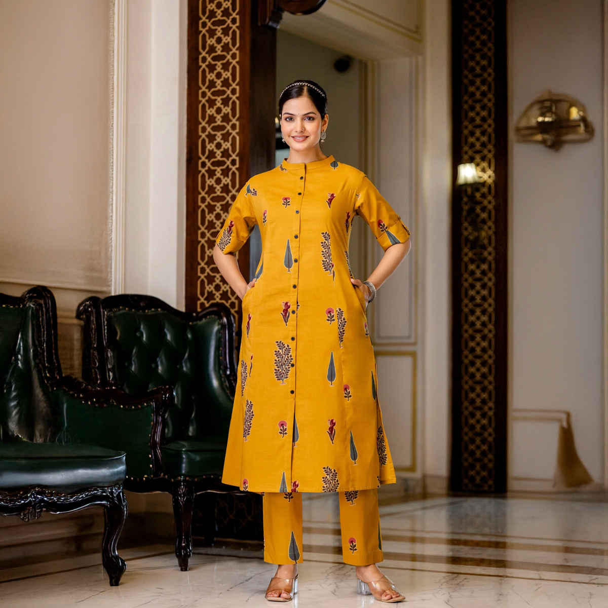 GoSriKi Women's Rayon Blend Straight Printed Kurta with Pant | BARKAT | Yellow - L