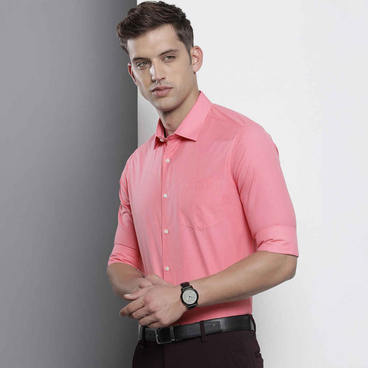 The Indian Garage Co Men's Slim Fit Solid Formal Shirt | Pink - L