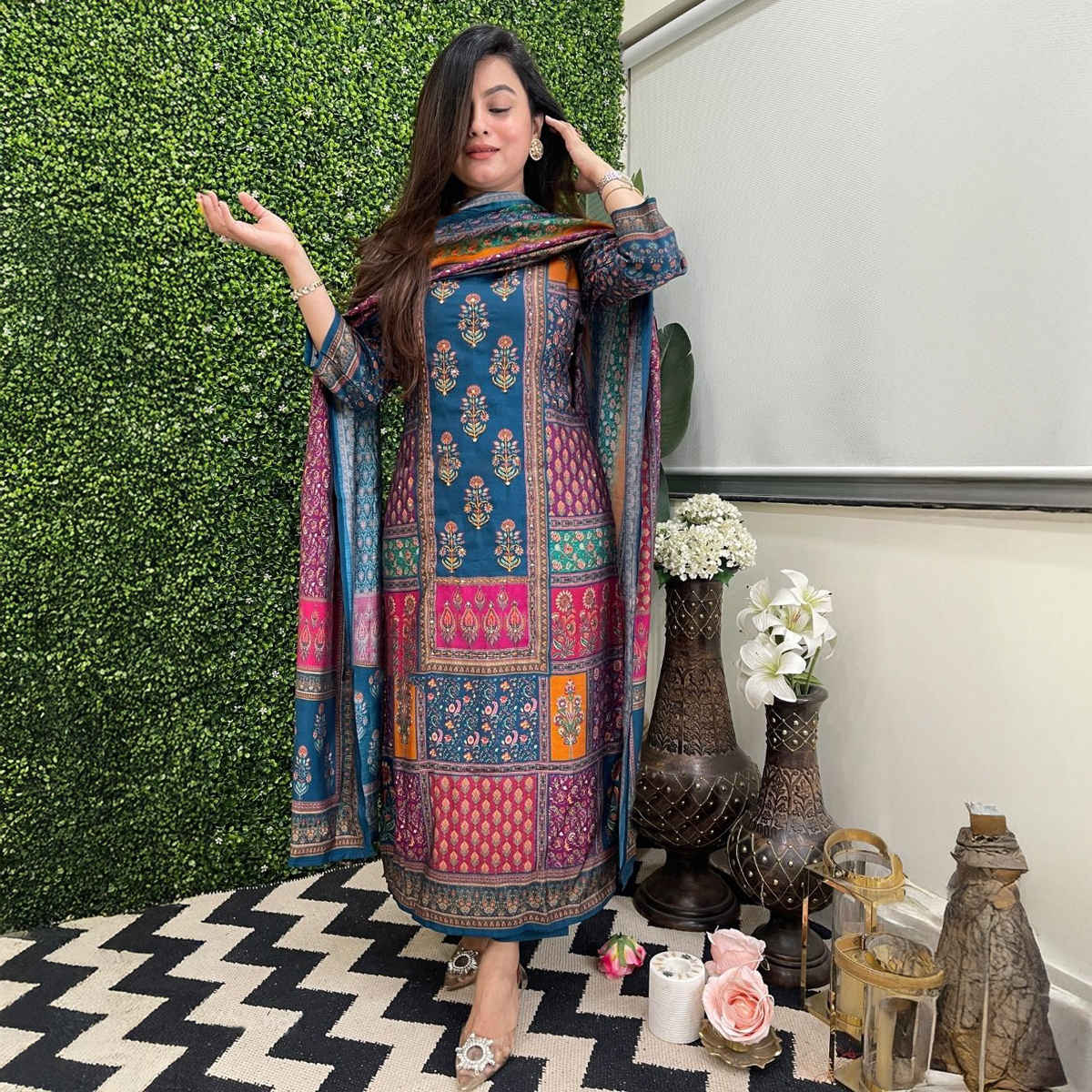 GoSriKi Women's Rayon Blend Straight Printed Kurta with Pant & Dupatta | SULA | Multi - XL