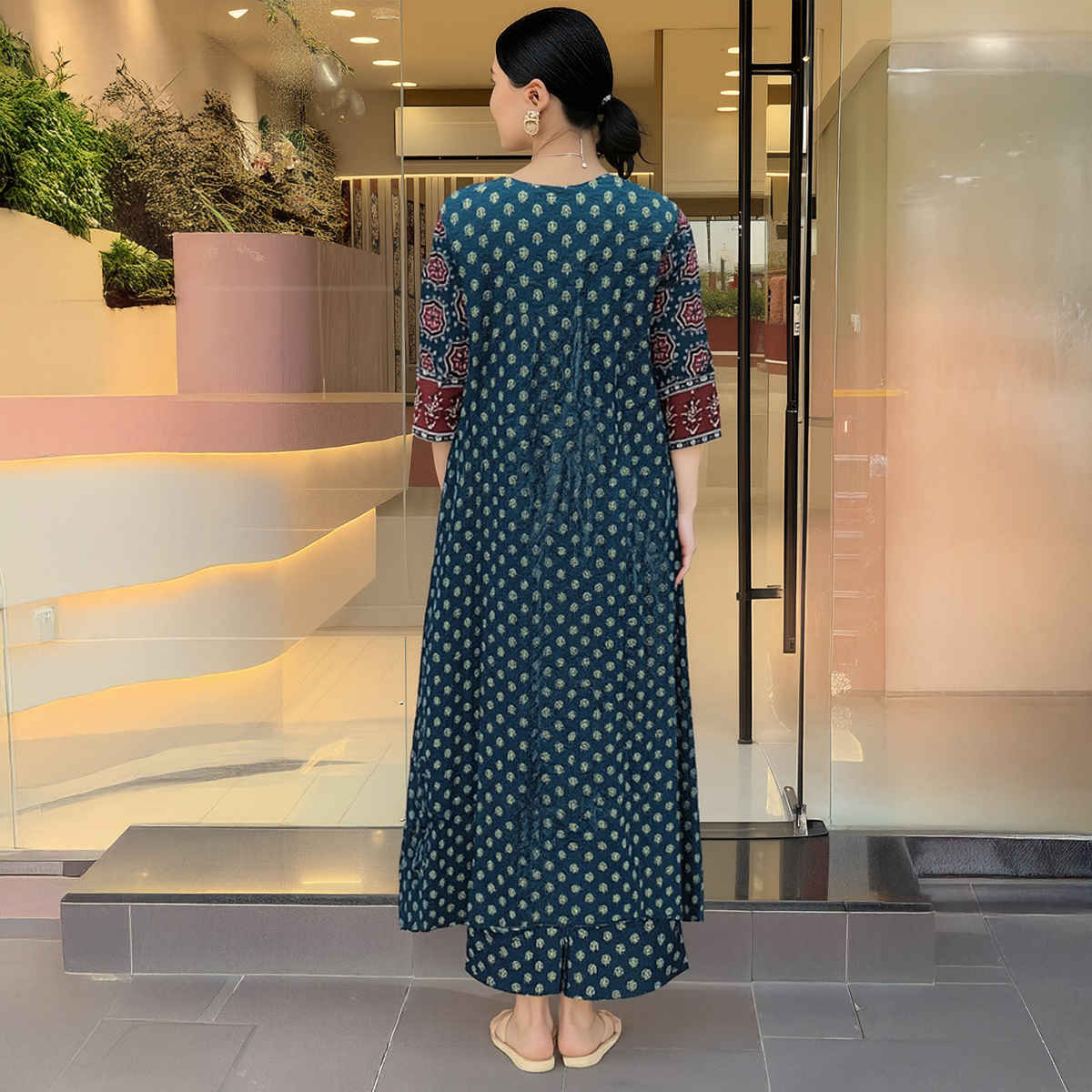 GoSriKi Women's Viscose Rayon Anarkali Printed Kurta with Pant & Dupatta | NAKULA | Blue - M