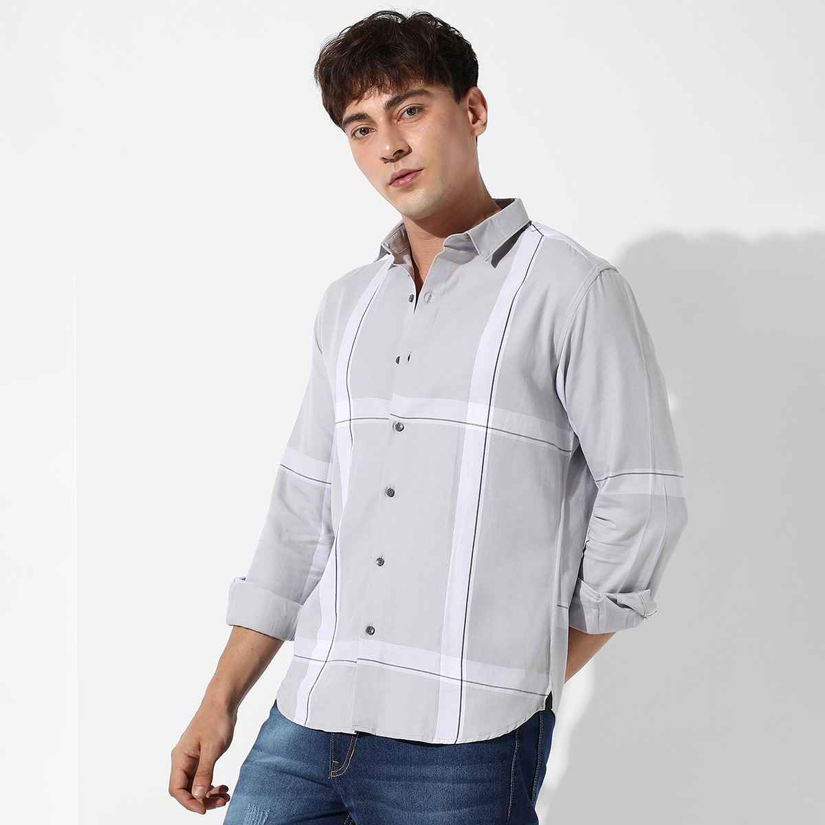 Campus Sutra Men's Tartan Plaid Shirt | Grey - S