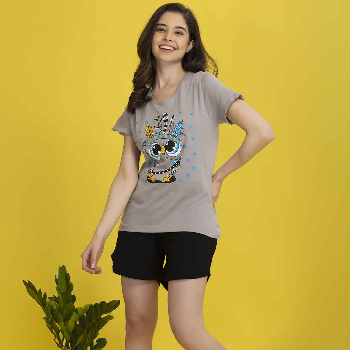 Clovia Owl Print Top & Shorts & Black - Cotton Rich | Grey | XL