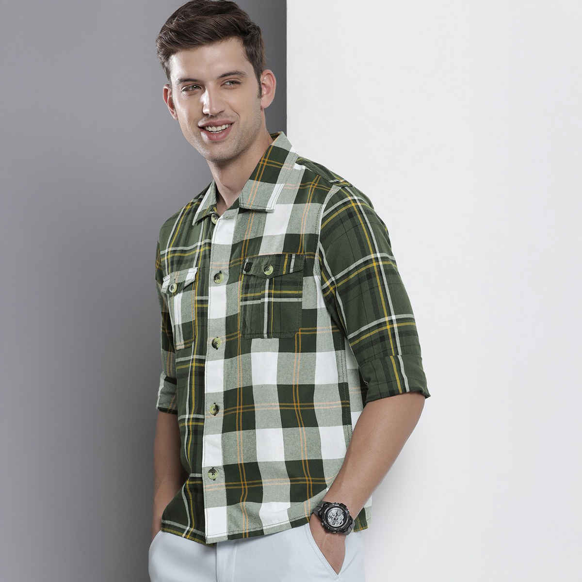 The Indian Garage Co Men's Regular Fit Checkered Street Over Shirt | Green - S