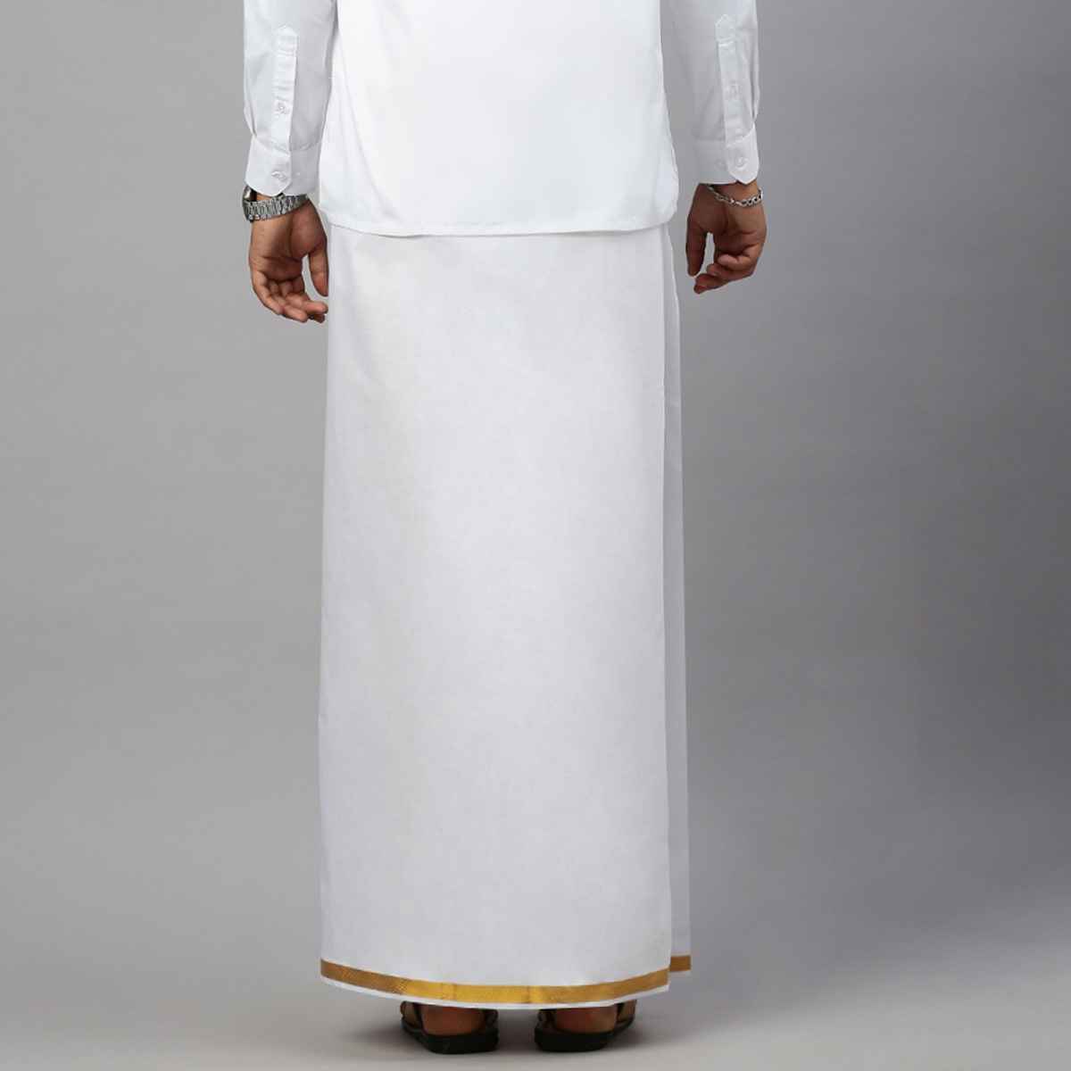 Ramraj Cotton Men's White Dhoti / Mundu / Veshti with Golden Zari Border | Free Size