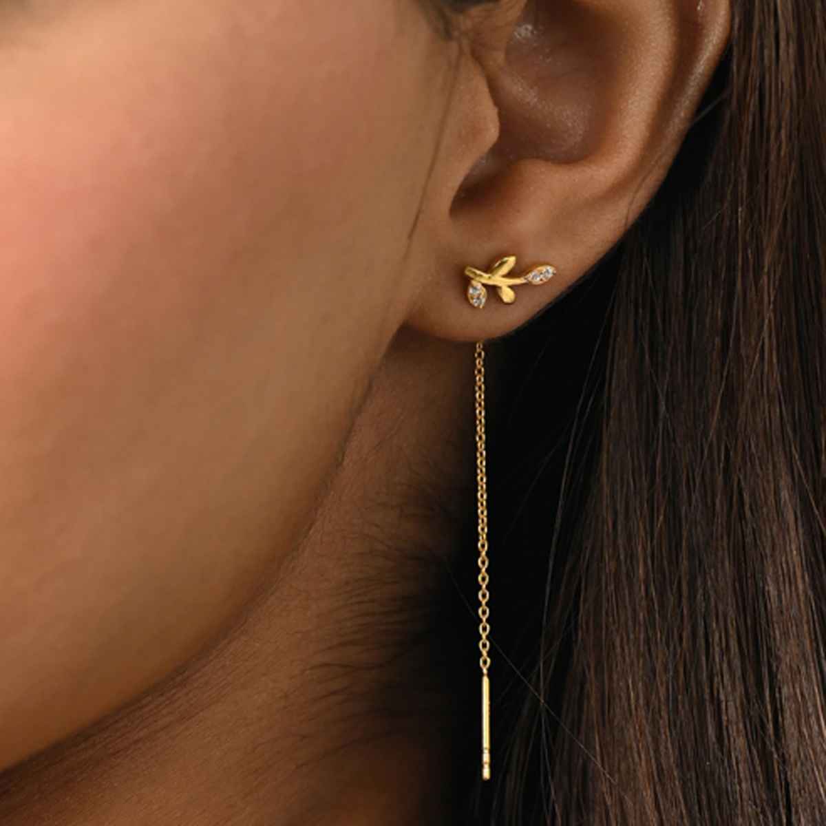 Clara 925 Sterling Silver Leafy Sui Dhaga Threader Earrings | Gold Plated Long Chain