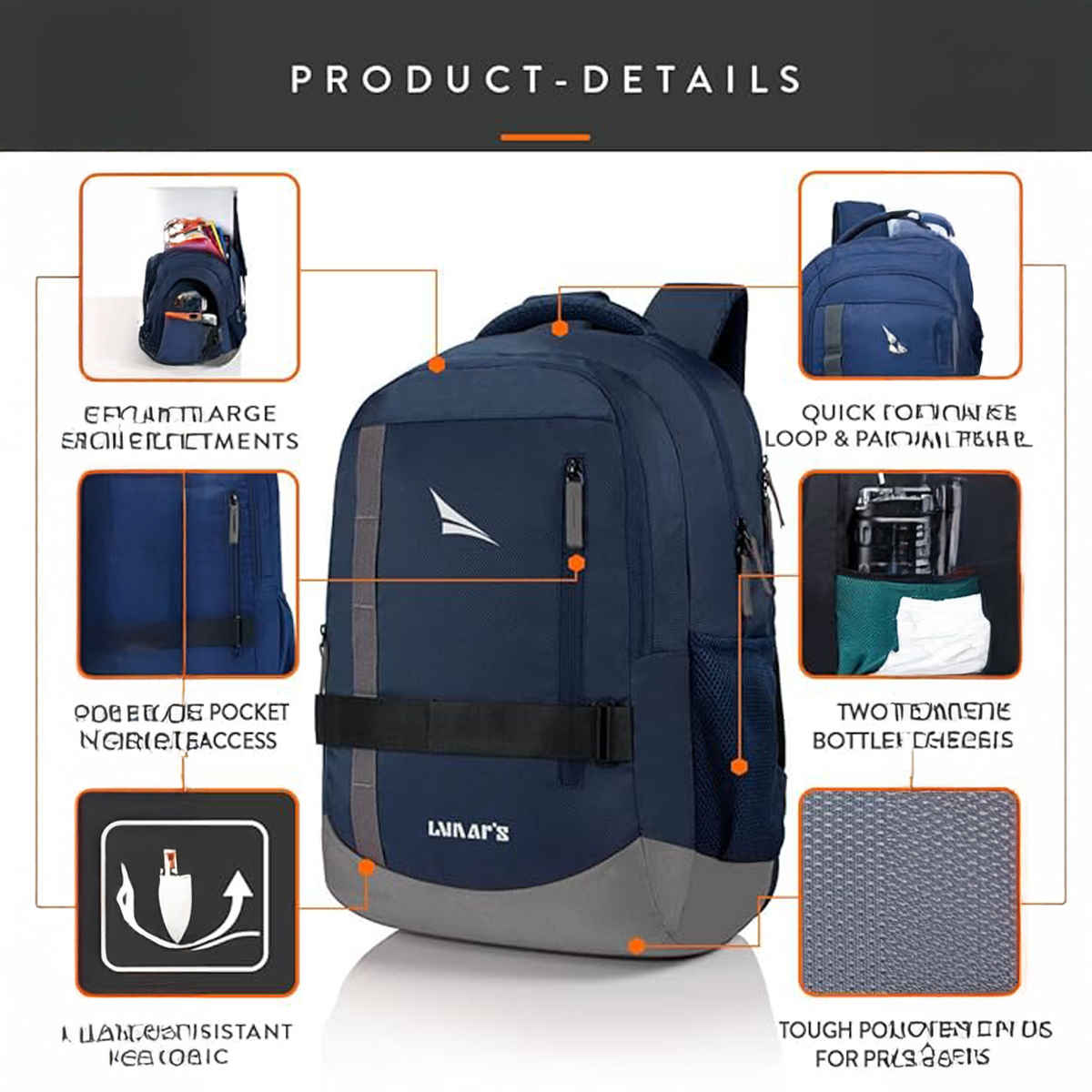 Lunar's Unisex Solid Polyester 48 L Padded Grab Handle Laptop Backpack | Navy Blue - 15.6 Inches