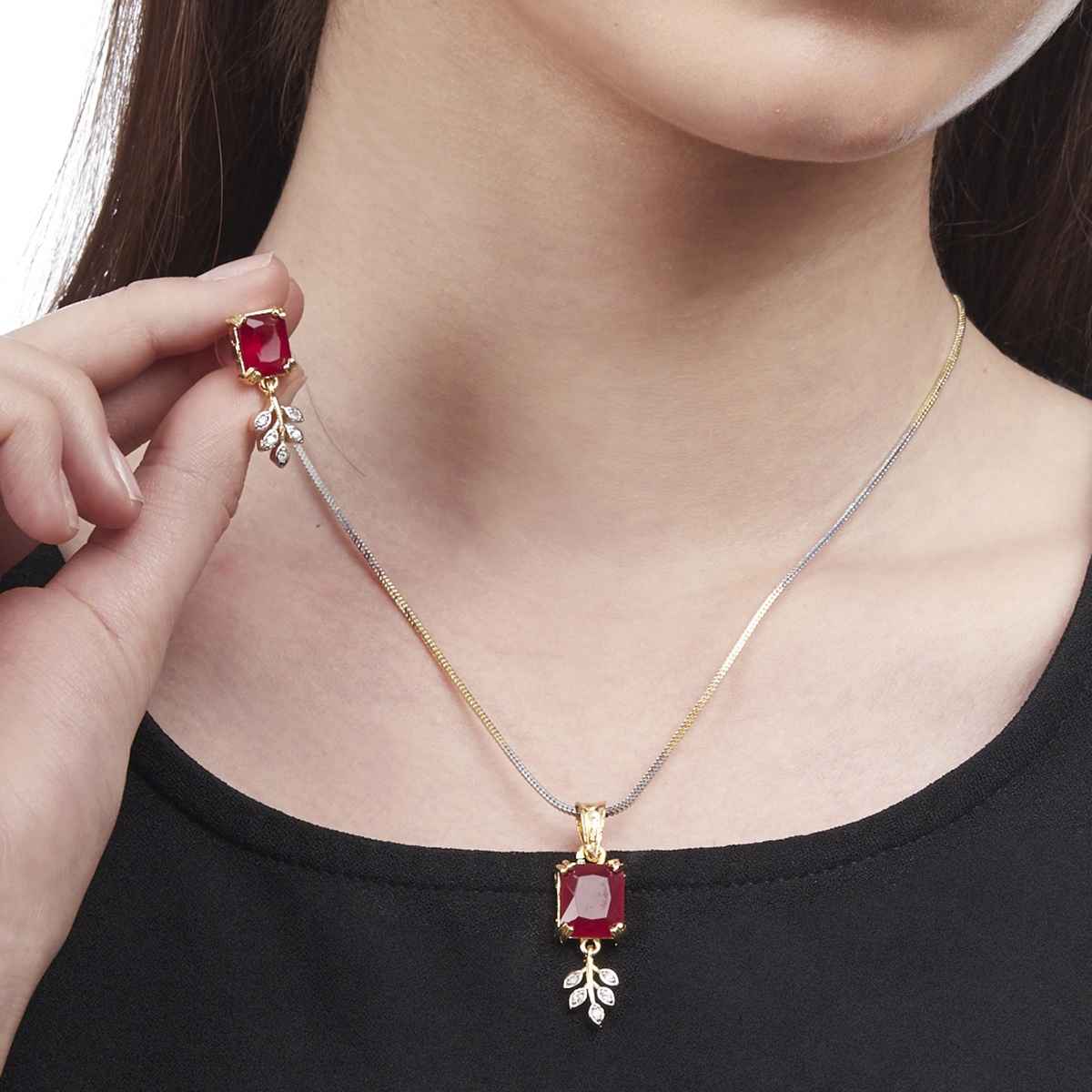 Zeneme Gold Plated Red CZ-AD Stone Drop Leaf Pendant Necklace Set With Earring For Women & Girls