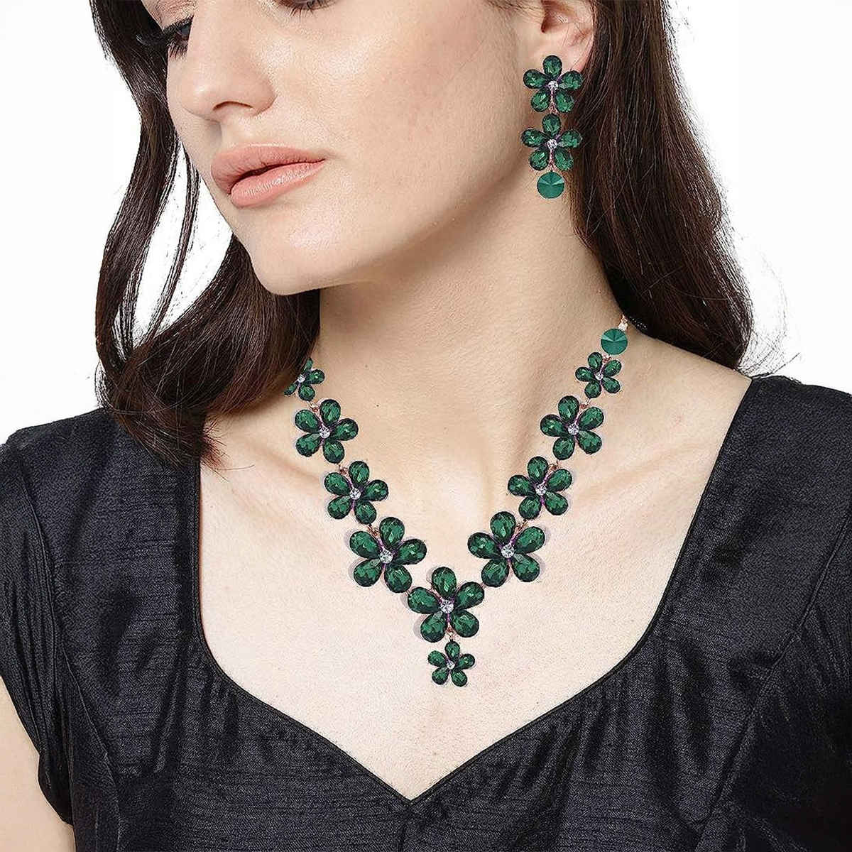 Youbella Crystal Necklace Jewellery Set With Earrings For Girls/Women (Green)(Ybnk - 5768)