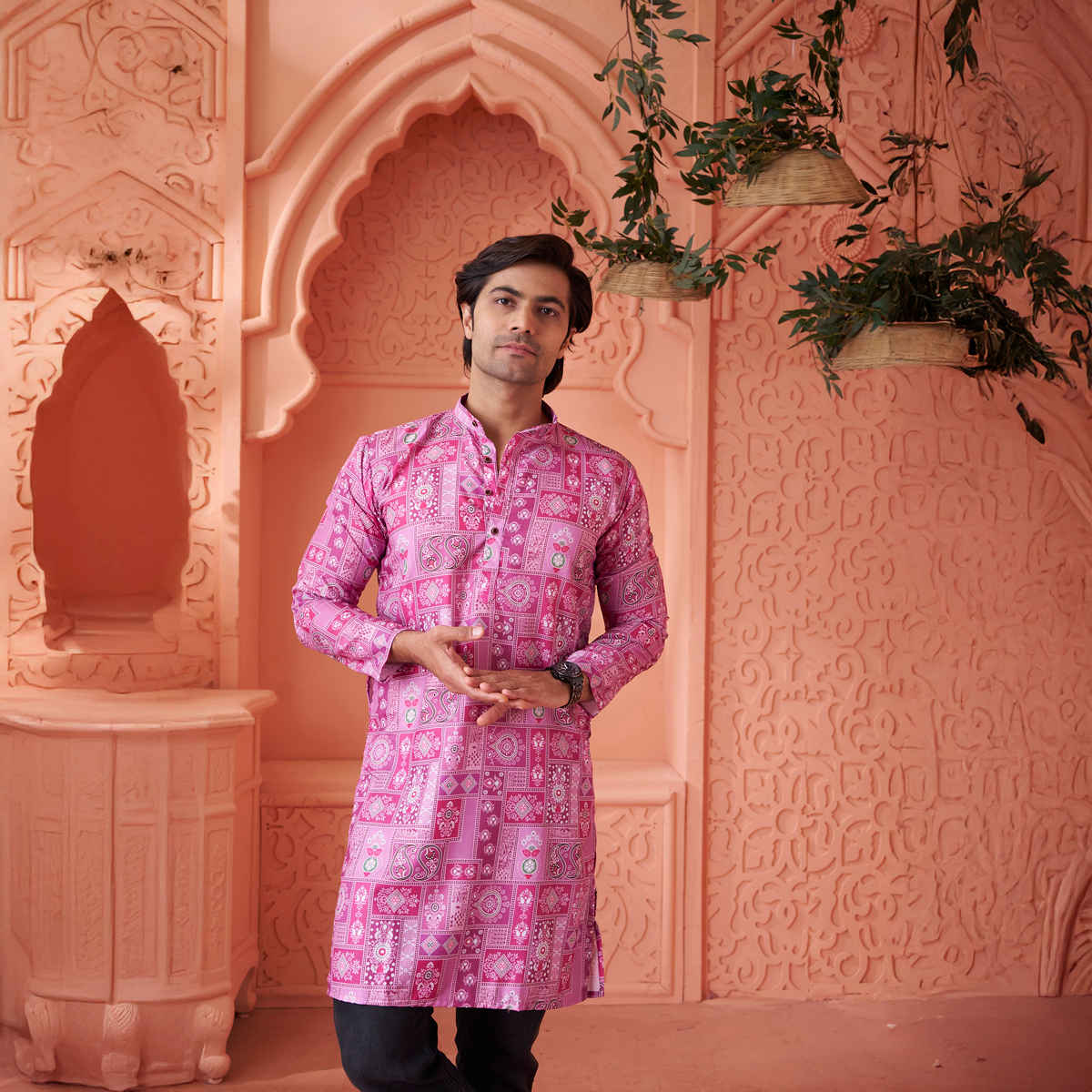 House Of Festivals Men's Printed Cotton Blend Long Kurta | Purple - M