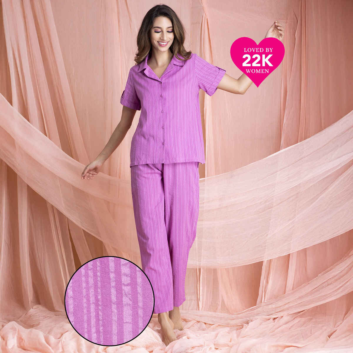Clovia Sassy Stripes Button Down Shirt & Pyjama - Cotton(Purple - Xxl)