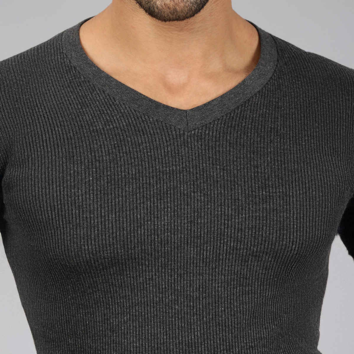 Lux Cozi Men's Heatek Thermal Comfort, Stretchable & Super Warm V-Neck Top | Black Melange-85