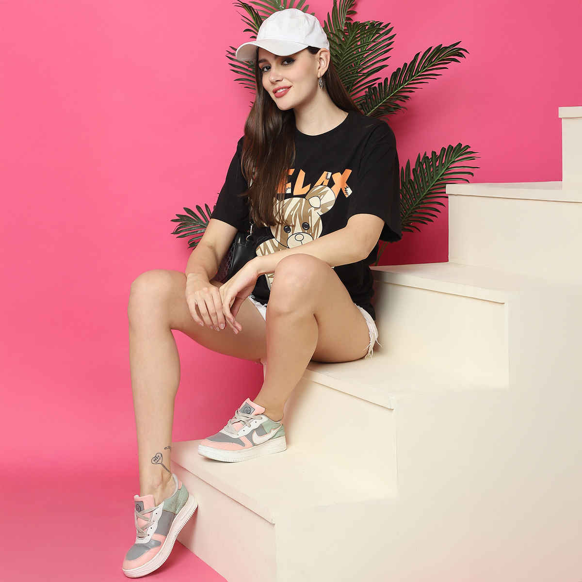 Fabflee Women Oversize Cotton Printed Round Neck Tshirt | Black | FAB-OS-520 | M