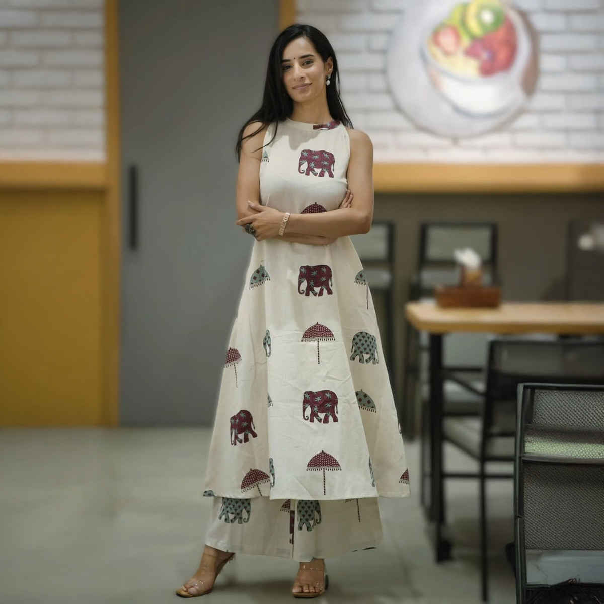 GoSriKi Women's Viscose Rayon Anarkali Printed Kurta with Palazzo | SURAI | White - L