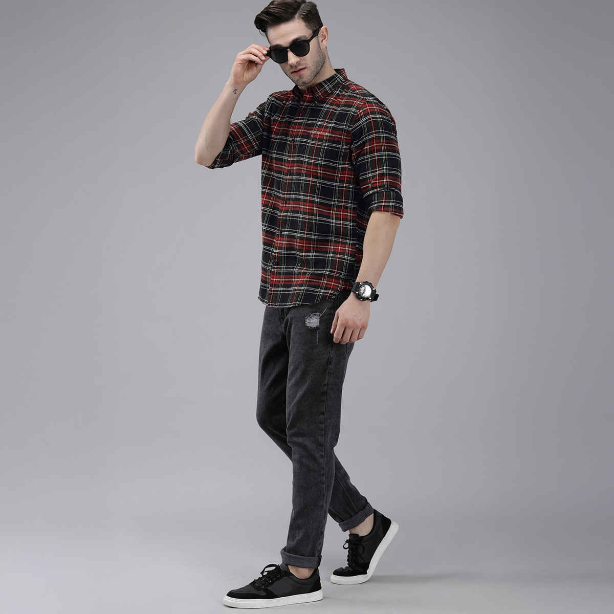 The Bear House Men Slim Fit Checked Shirt - Anglo | Black and Red | XXL