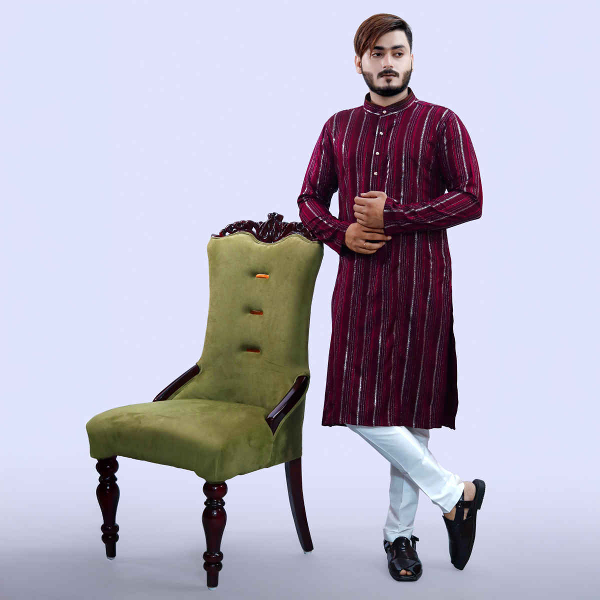 Tibra Collection Men Kurta - Maroon | Solid | Thin Striped | Cotton Blend | L