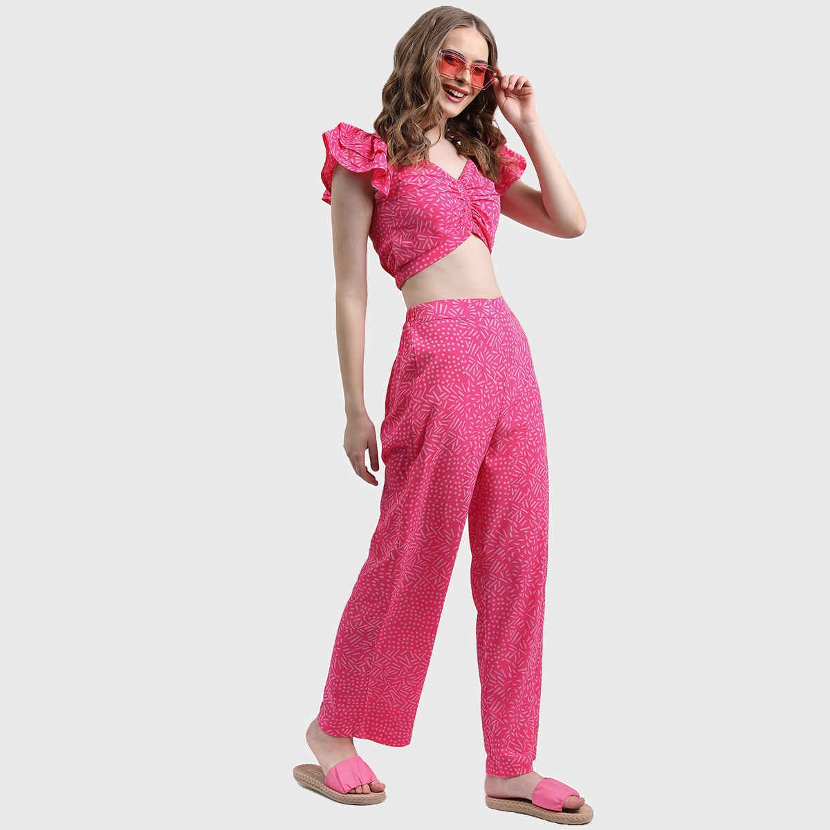 Ketch Women Geometric Printed Crop-Top and Trousers Co-ords | Pink | S