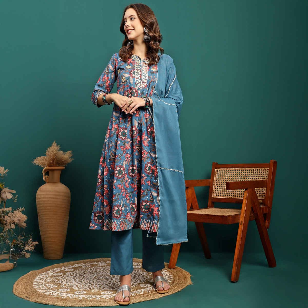 Bandia Women's Floral Gota Patti Anarkali Kurta Trouser Set with Dupatta | BANKS0211 | Indigo | XL