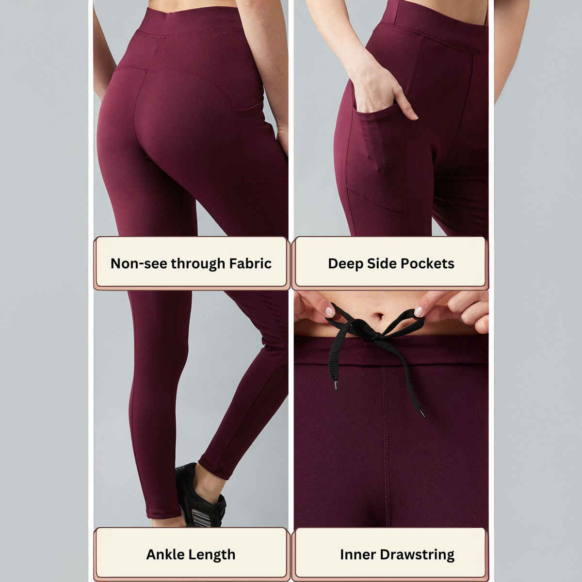 Blinkin Women's Gym Pants & Tights - Maroon | Stretchable | With Side Pockets | XL