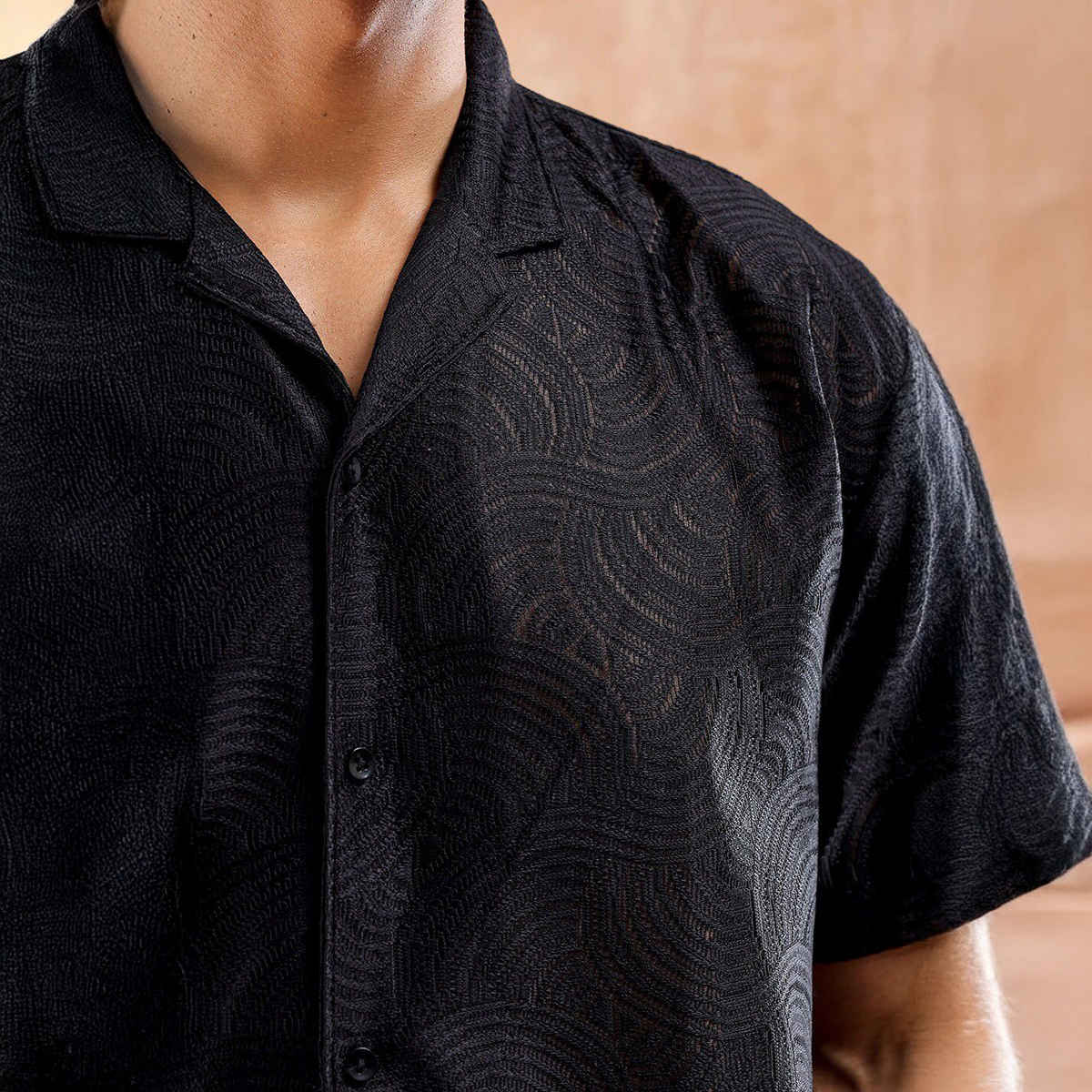 The Indian Garage Co Men's Relaxed Fit Solid Resort Half Sleeve Shirt | Black - L