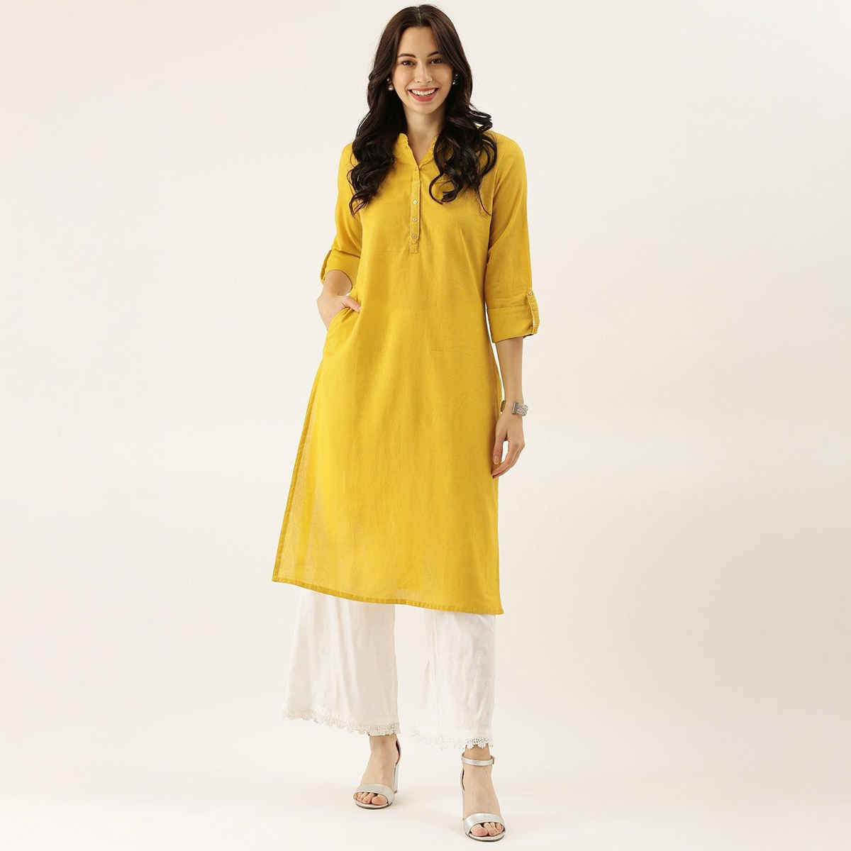 Divena women's Yellow Solid Straight Roll up Sleeve Kurti DK0565 | XL