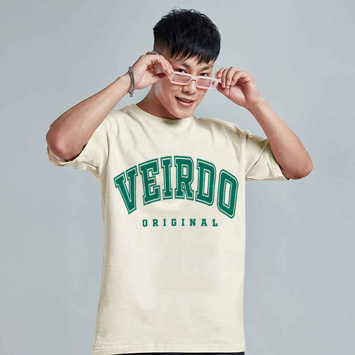 Veirdo Pure Cotton Oversized Fit Round Neck Swan White Printed T-Shirt For Men - M