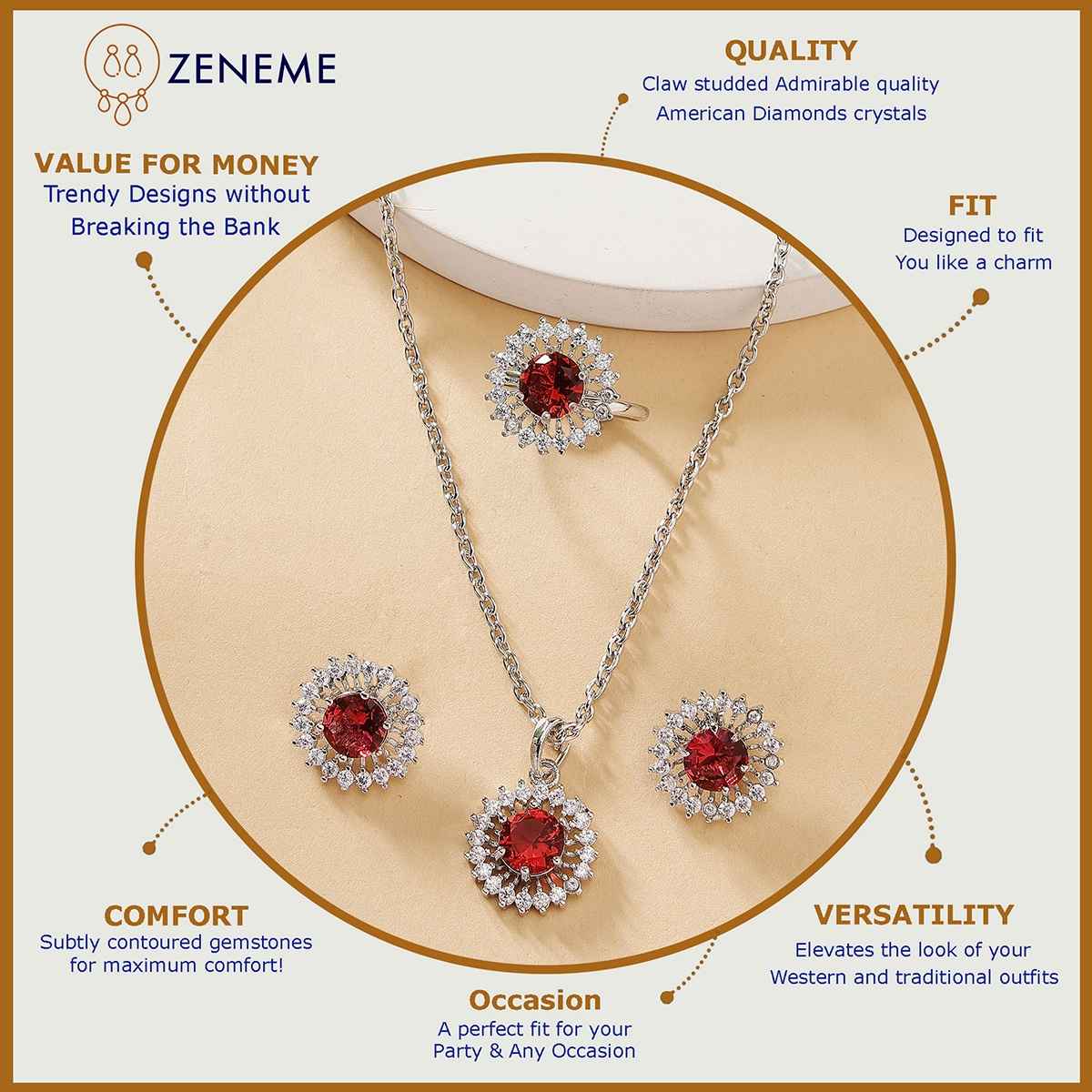 Zeneme Rhodium-Plated Red AD Crystal Round Necklace Earrings Ring For Women & Girls