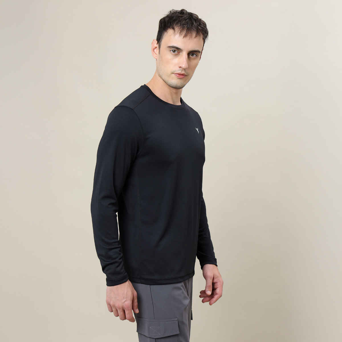 Technosport Men's Poly Solid Slim Fit Round Neck Full Sleeve Sports T-shirt | Black - M
