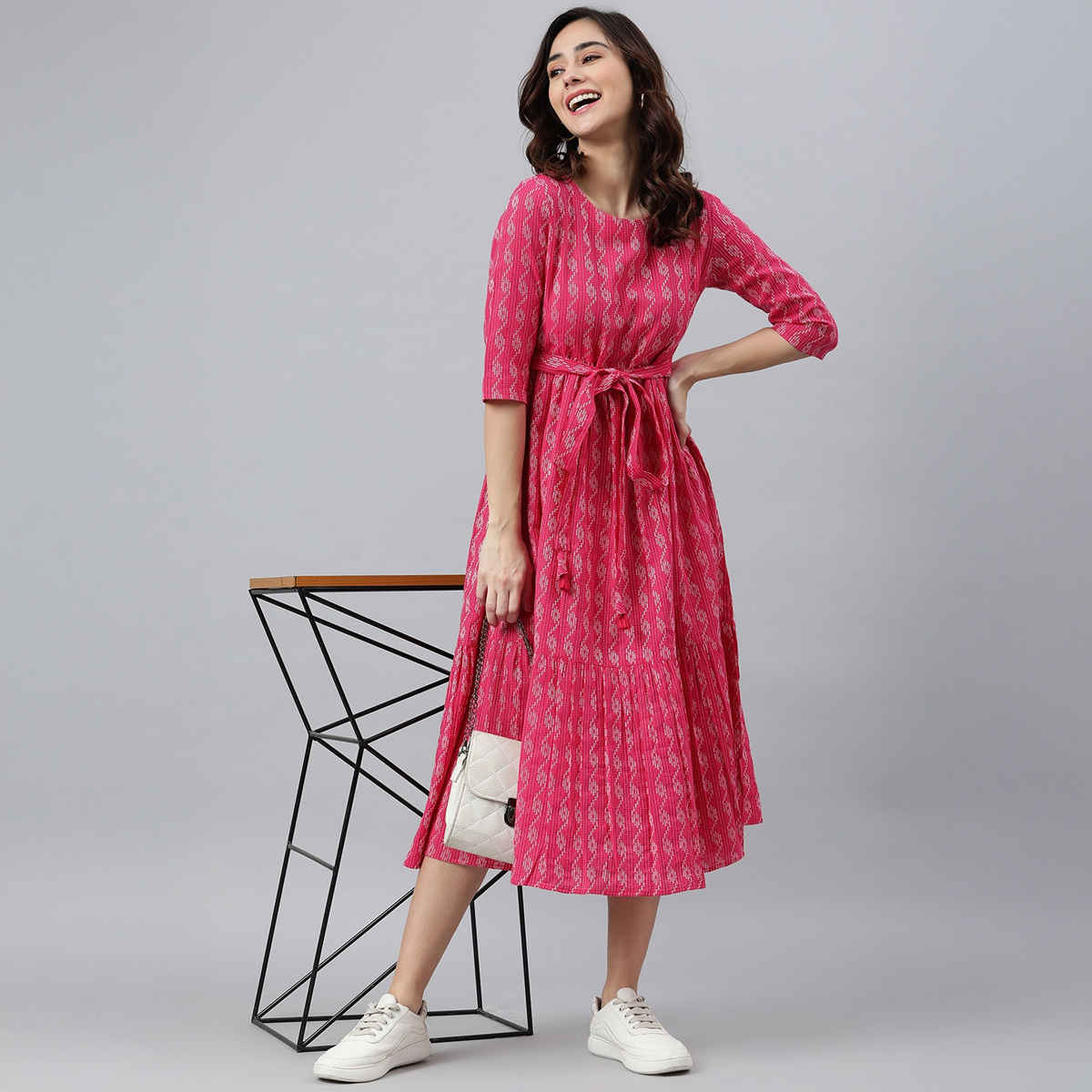 Janasya Women's Pink Pure Cotton Woven Design Tiered Dress - XL