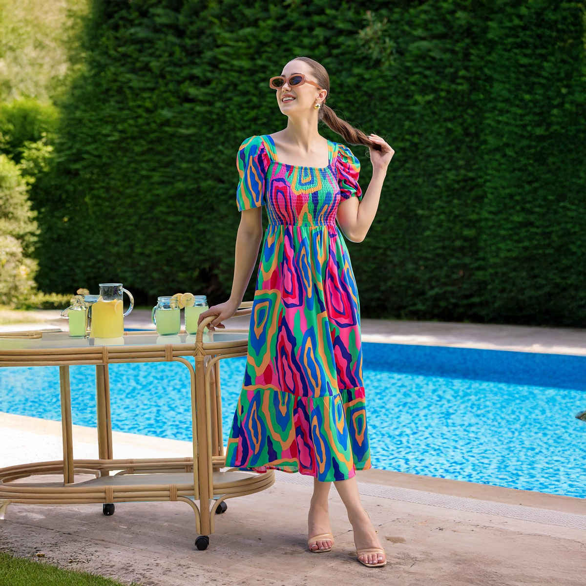 Sheetal Women's Abstract Printed Square Neck Fit-Flare Dress | DR11433 | Multicolor - S