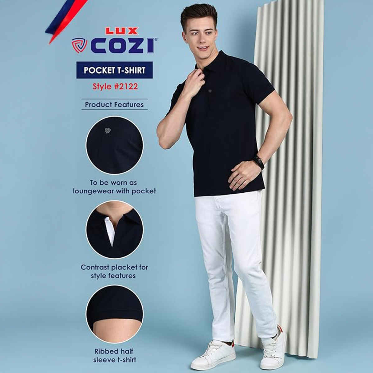 Lux Cozi Solid Cotton Polo T-shirt with Pocket for Men | Navy | Size - M