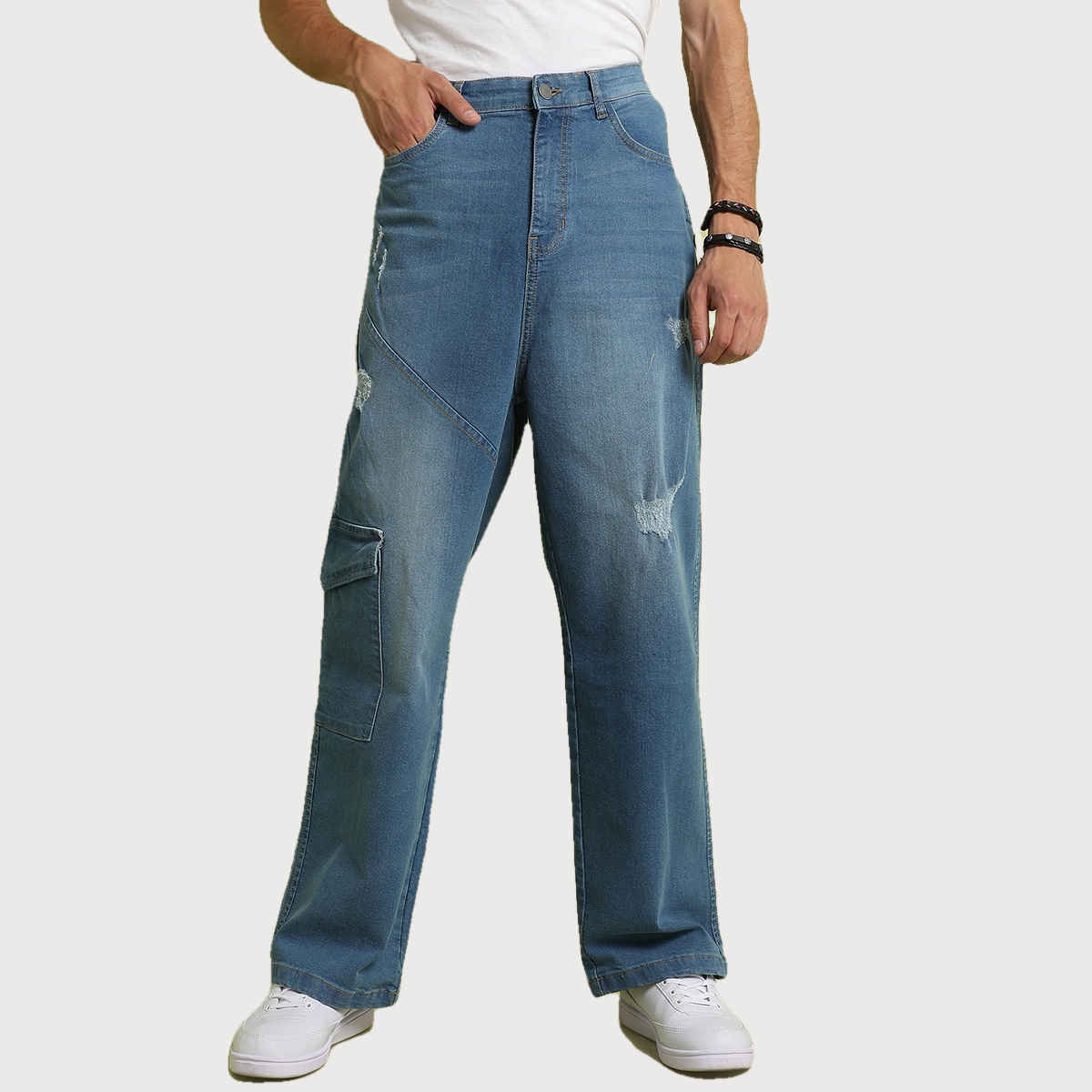 Campus Sutra Men's Asymmetrical Stitch Denim Jeans | Blue - 36