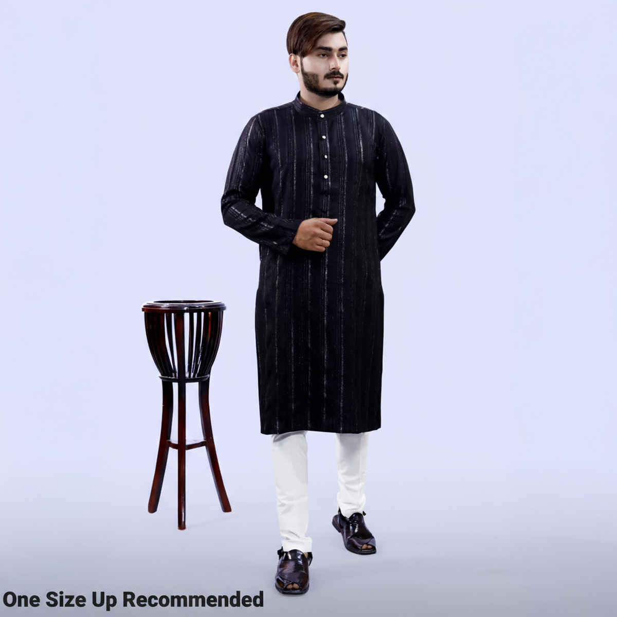 Tibra Collection Men Kurta - Black | Solid | Thin Striped | Cotton Blend | XXL