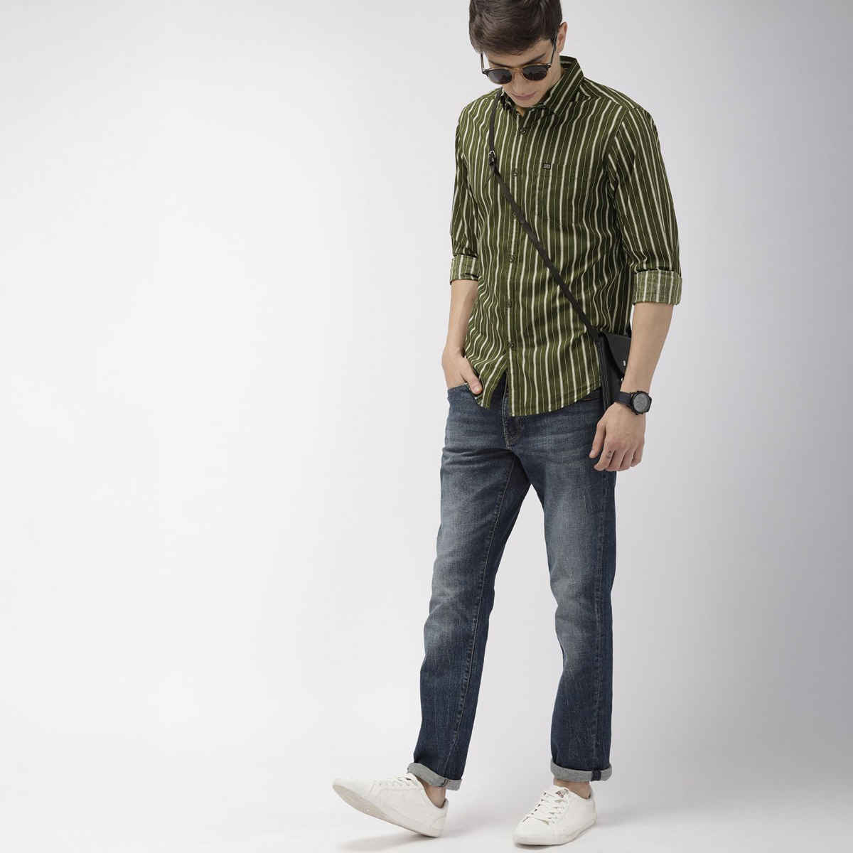 The Indian Garage Co Men's Slim Fit Multi Stripes Casual Shirt | Olive - S