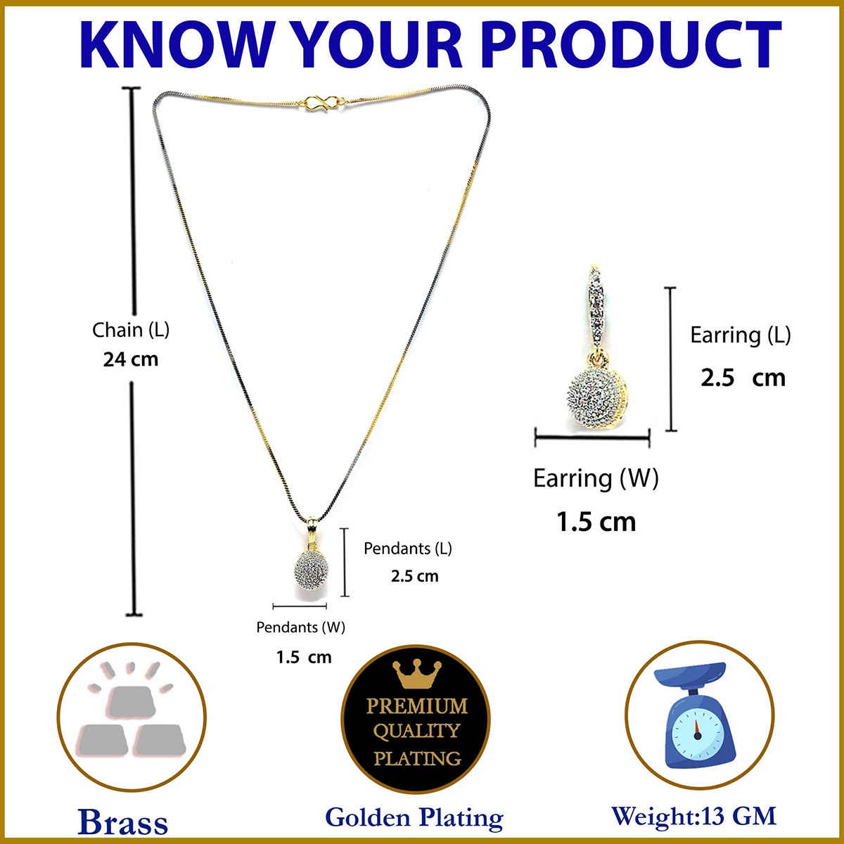 Zeneme Gold Plated Round American Diamond Studded Pendant with Chain and Earring For Women & Girls
