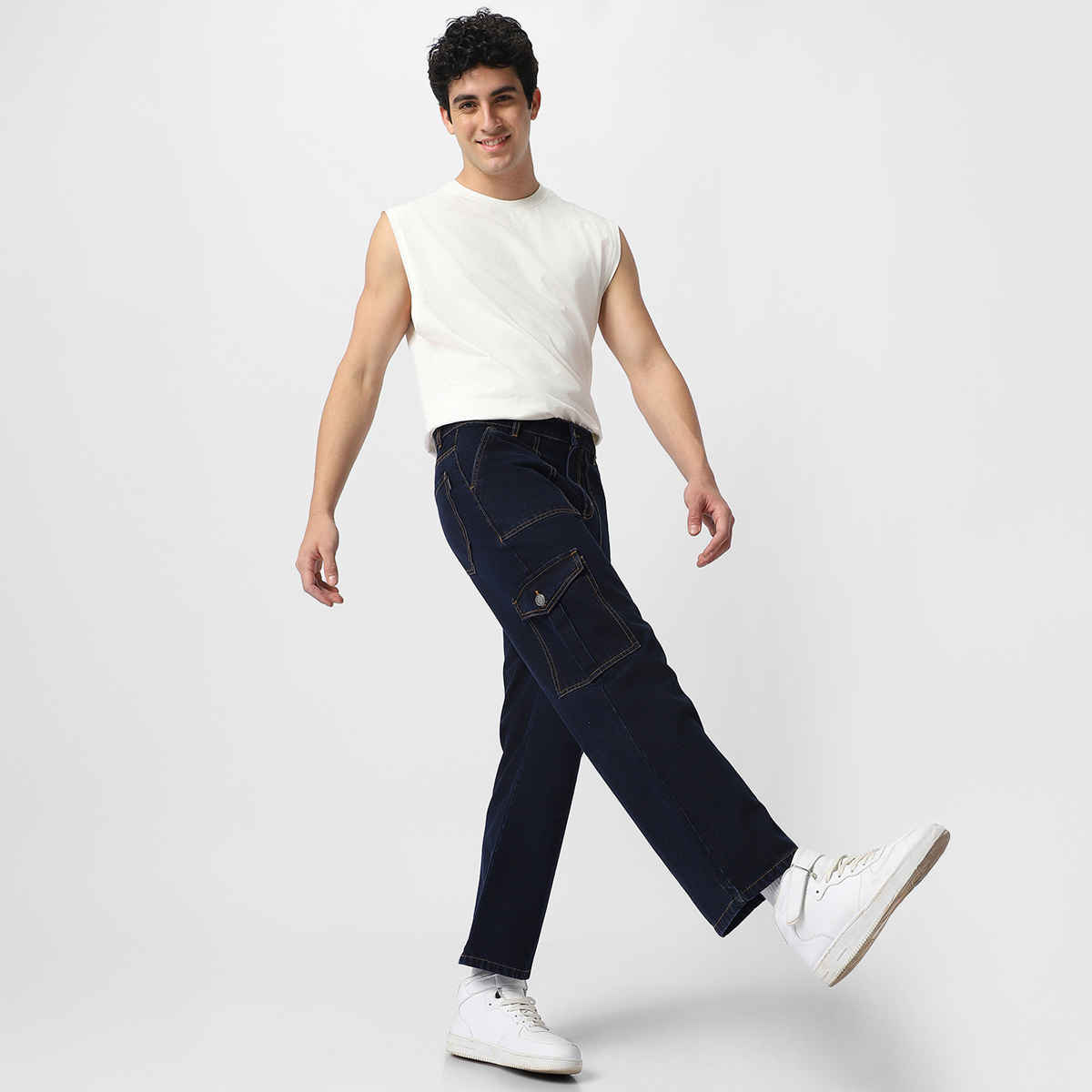 Urbano Fashion Men's Dark Blue Loose Baggy Fit Cargo Jeans With 6 Pockets Non-Stretchable-34