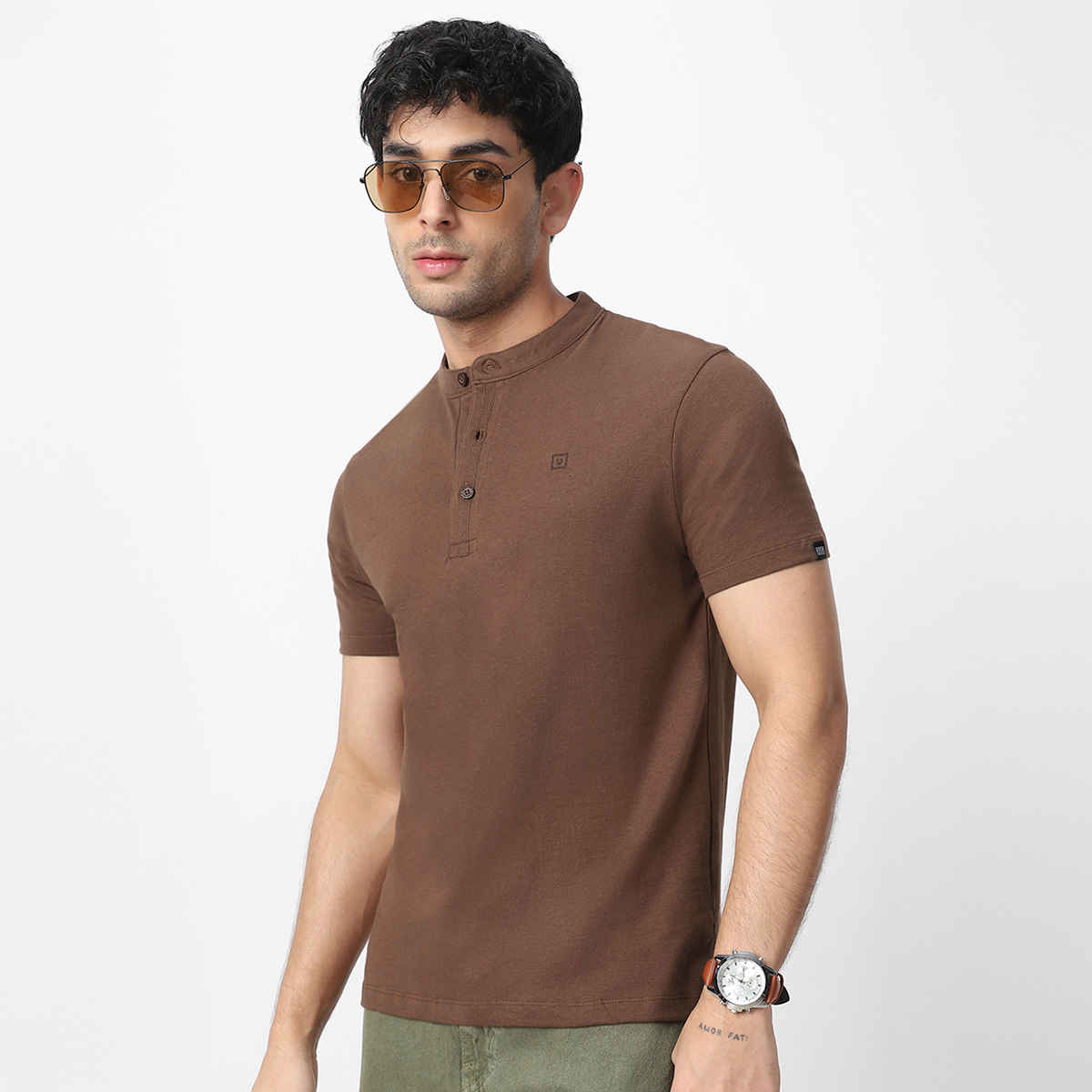 Urbano Fashion Men's Slim Fit Solid Mandarin Collar Half Sleeve Cotton T-Shirt | Cocoa Brown - L