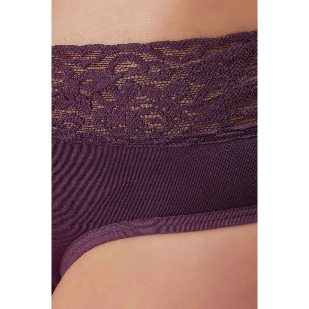 Clovia Mid Waist Hipster Panty with Lace Waist in Plum Colour - Cotton | PN0795P15 - Purple - 3XL