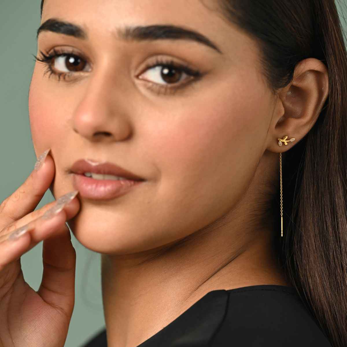 Clara 925 Sterling Silver Leafy Sui Dhaga Threader Earrings | Gold Plated Long Chain