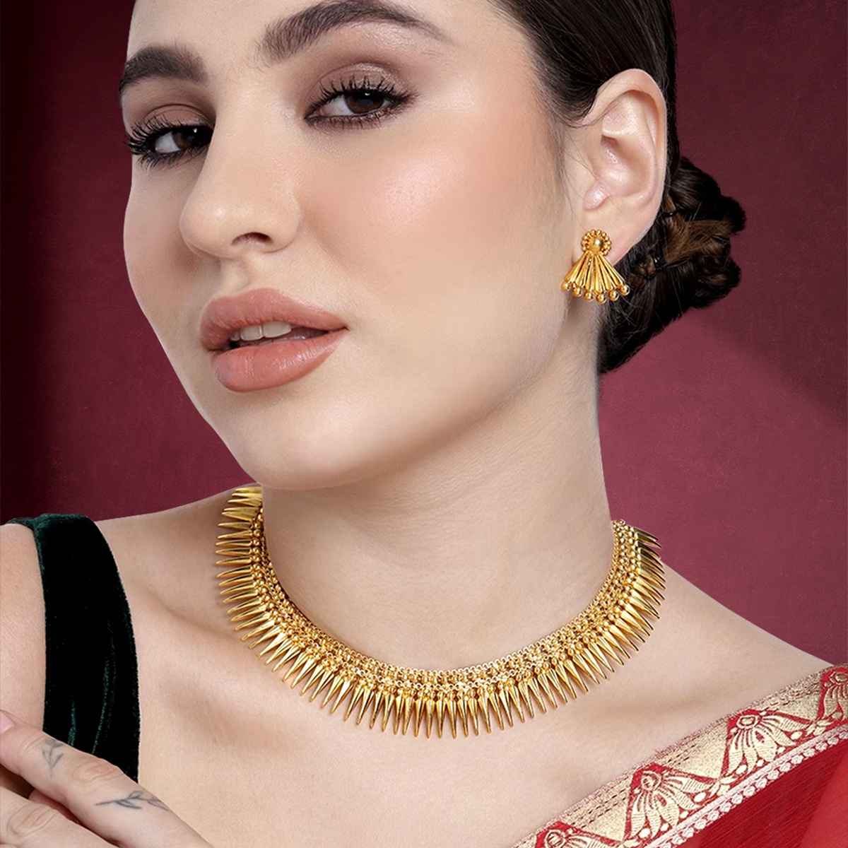 Peora Gold Plated Choker Necklace with Earring Ethnic Jewellery Set For Women