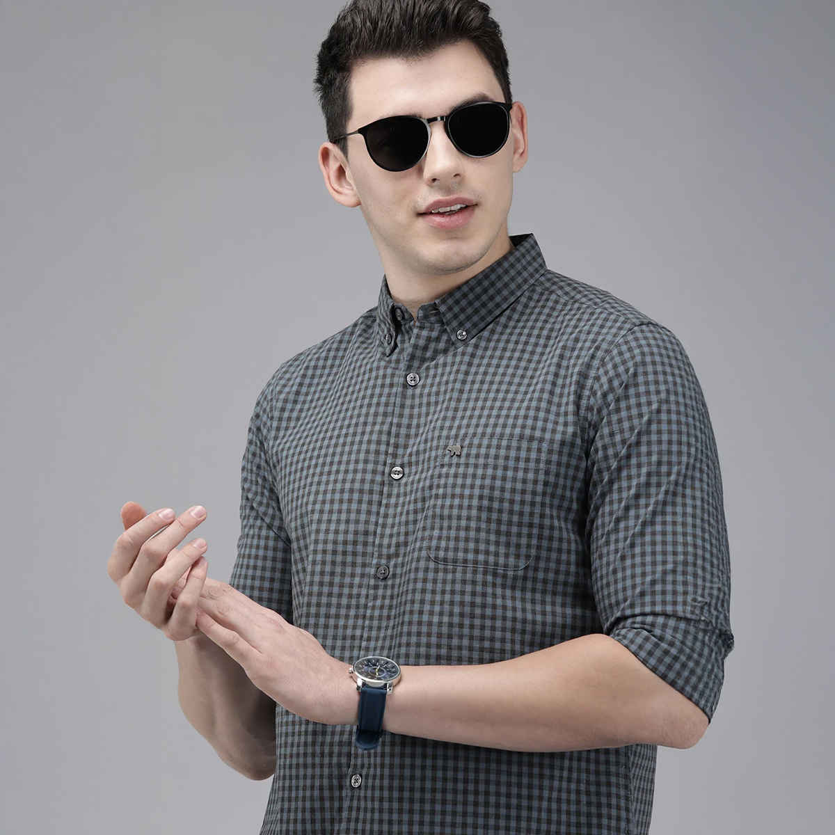 The Bear House Men Slim Fit Checked Button-Down Casual Shirt - Garo | Teal | XXL