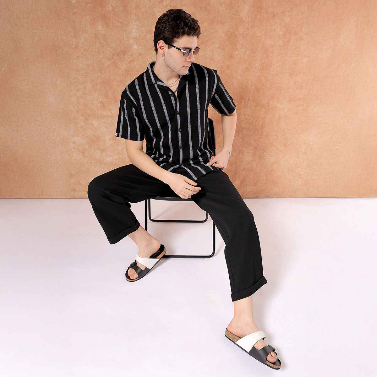 The Indian Garage Co Men's Relaxed Fit Striped Resort Half Sleeve Shirt | Black - S